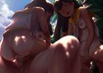  1boy 2girls anus ass bare_shoulders black_hair blue_sky blurry blurry_foreground bottomless breasts brown_eyes brown_hair censored clothed_female_nude_male cloud commentary_request dark_skin day depth_of_field erection from_behind from_below hair_over_eyes hetero i-400_(kantai_collection) i-401_(kantai_collection) kantai_collection long_hair looking_back masturbation mosaic_censoring multiple_girls navel nipples no_bra nude one-piece_tan one_breast_out one_eye_closed open_mouth outdoors palm_tree penis ponytail sailor_collar sex shirt shirt_aside sky sleeveless sleeveless_shirt small_breasts spread_legs squatting straddling straight_hair sweat takemura_sesshuu tan tanline testicles tree vaginal white_shirt yellow_neckwear yellow_sailor_collar 