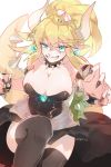  2018 artist_name black_dress black_legwear blonde_hair blue_eyes bowsette bracelet breasts claw_pose cleavage collar crown dress eyebrows_visible_through_hair fingernails grin hair_between_eyes highres horns jewelry large_breasts leg_up looking_at_viewer maou_skun mario_(series) nail_polish new_super_mario_bros._u_deluxe outstretched_arm pointy_ears ponytail sharp_fingernails sharp_teeth smile solo spiked_armlet spiked_bracelet spiked_collar spiked_shell spiked_tail spikes strapless strapless_dress super_crown tail teeth thick_eyebrows thighhighs 