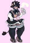  2018 anthro big_breasts bovine breasts cattle clothing digital_media_(artwork) female hooves lactating maid_uniform mammal milk mostly_nude nethartic nipple_piercing nipples ota piercing pink_background pussy simple_background solo teats udders uniform 