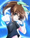  aqua_bow black_shirt blue_eyes bow brown_hair eyebrows_visible_through_hair floating_hair fuuka_reventon hair_between_eyes hair_bow high_ponytail long_hair looking_at_viewer lyrical_nanoha midriff navel parted_lips shirt short_sleeves solo stomach vivid_strike! wristband yorousa_(yoroiusagi) 