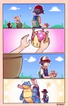  1girl 2boys 4koma armlet backpack bag baseball_cap black_dress black_hair blastoise blonde_hair blue_sky blue_vest bowsette bracelet brown_hair cloud cloudy_sky collar comic commentary crown dress from_behind gen_1_pokemon green_backpack hat highres holding horns idea jewelry light_bulb mario mario_(series) multiple_boys new_super_mario_bros._u_deluxe outdoors overalls pokemon pokemon_(creature) red_hat red_shirt satoshi_(pokemon) shirt sky spiked_armlet spiked_bracelet spiked_shell spiked_tail spikes strapless strapless_dress super_crown tail turtle_shell twitter_username vest yoruny 