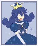  bangs blue_hair blush braid crossover dress fire_emblem fire_emblem:_kakusei long_hair lucina mario_(series) new_super_mario_bros._u_deluxe one_eye_closed open_mouth peachette raydango smile solo super_crown tiara twin_braids 