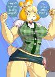  2018 animal_crossing anthro blonde_hair blush blush_stickers breasts canine clothed clothing dialogue digital_media_(artwork) dog duo english_text female hair human isabelle_(animal_crossing) lysergide mammal muscular muscular_female nintendo nipple_bulge no_underwear pubes pussy shih_tzu sweat text video_games 