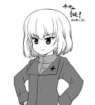  bangs blonde_hair character_name closed_mouth commentary dated emblem eyebrows_visible_through_hair frown girls_und_panzer greyscale hands_on_hips happy_birthday jacket katyusha long_sleeves looking_to_the_side monochrome nanashiro_gorou pravda_school_uniform school_uniform shirt short_hair solo standing turtleneck upper_body v-shaped_eyebrows 