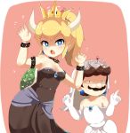  1girl arms_up bare_shoulders black_dress blonde_hair blue_eyes blush bowsette bracelet breasts bridal_veil brooch brown_hair claw_pose collar collarbone commentary crossdressing dress earrings edge-mokku elbow_gloves english_commentary facial_hair gloves highres horizontal_pupils horns jewelry long_ponytail looking_at_viewer mario mario_(series) mustache new_super_mario_bros._u_deluxe open_mouth pointy_ears shaded_face sharp_teeth short_hair sleeveless sleeveless_dress sparkle spiked_armlet spiked_bracelet spiked_collar spiked_shell spikes strapless strapless_dress super_crown super_mario_bros. teeth thick_eyebrows tiara turtle_shell veil white_dress white_gloves white_pupils 