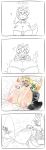  1girl 4koma black_dress blood blush bowsette bracelet breast_expansion breast_milk breasts breathing_fire collar comic commentary crown dress earrings embarrassed facial_hair fire gigantic_breasts gloves hat highres horns huge_breasts jewelry lactation long_hair long_ponytail looking_down looking_up mario mario_(series) matsu-sensei mushroom mustache new_super_mario_bros._u_deluxe nipples nose_blush overalls puffy_nipples rolling_eyes screaming sharp_teeth spiked_bracelet spiked_collar spikes steam super_crown super_mushroom teeth turtle_shell 