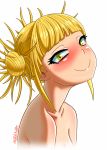  1girl bangs bare_shoulders blonde_hair blush boku_no_hero_academia double_bun glitchynpc looking_at_viewer simple_background smile solo toga_himiko upper_body white_background yellow_eyes 
