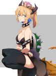  bare_shoulders black_dress black_legwear blue_eyes bowsette bracelet breasts cleavage collar commentary_request crown dress earrings fang feet_out_of_frame from_side jewelry kanameya looking_to_the_side mario_(series) medium_breasts new_super_mario_bros._u_deluxe pointy_ears ponytail sleeveless sleeveless_dress solo spiked_armlet spiked_bracelet spiked_collar spiked_shell spikes squatting strapless strapless_dress super_crown tail thighhighs 