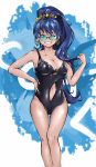  ;d black_swimsuit blue_eyes blue_hair breasts cleavage commentary_request dark_skin earrings ganaha_hibiki grin hair_ornament hair_scrunchie hand_on_hip hibi_taka high_ponytail highres hoop_earrings idolmaster idolmaster_(classic) jewelry korean_commentary large_breasts long_hair navel navel_cutout one-piece_swimsuit one_eye_closed open_mouth ponytail ray-ban scrunchie smile solo standing sunglasses swimsuit tan thigh_gap very_long_hair 