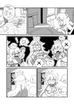  boo comic commentary crown dress flying_sweatdrops frilled_dress frills ghost ghost_tail gloves greyscale highres indoors long_hair luigi luigi's_mansion mario_(series) monochrome new_super_mario_bros._u_deluxe princess_king_boo sharp_teeth super_crown teeth tongue tongue_out zassou_maruko 