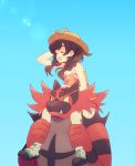  braid brown_hair carrying closed_eyes day flower halterneck hand_on_another's_head hand_on_headwear happy hat hat_flower incineroar komasawa_(fmn-ppp) lens_flare mizuki_(pokemon) open_mouth pokemon pokemon_(game) pokemon_usum shirt shorts shoulder_carry sky sleeveless sleeveless_shirt smile straw_hat sun sun_hat twin_braids 