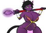  2018 5_fingers anthro armwear big_breasts bikini black_hair breasts bridal_gauntlets cat cleavage clothed clothing feline female fur green_eyes hair hayakain lanie_bannister_(lildredre) magic_user mammal navel navel_piercing piercing purple_fur seductive simple_background skimpy smile solo swimsuit thick_thighs voluptuous white_background wide_hips 