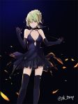  argyle_cutout artoria_pendragon_(all) bare_shoulders black_background black_dress black_legwear blonde_hair braid breasts choker cleavage commentary_request dress elbow_gloves fate/grand_order fate_(series) feet_out_of_frame french_braid gloves hair_up low_neckline pk_trap saber_alter short_dress signature simple_background solo standing thighhighs wind yellow_eyes zettai_ryouiki 