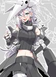  1girl aggron bangs bare_midriff blue_eyes breasts creatures_(company) fang game_freak gen_3_pokemon highres long_hair medium_breasts nintendo open_mouth personification pokemon silver_hair tagme takeshima_(nia) white_hair 