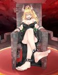  anklet armband bare_shoulders barefoot black_dress blonde_hair bowsette bracelet breasts choker cleavage collar commentary crossed_legs crown dress eiji_(eiji) feet grin highres horns jewelry mario_(series) nail_polish new_super_mario_bros._u_deluxe sharp_teeth sitting smile soles spiked_anklet spiked_armlet spiked_bracelet spiked_collar spikes strapless strapless_dress super_crown super_mario_bros. teeth throne toenail_polish toes 