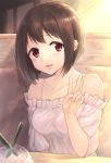  bangs bare_shoulders blush bob_cut brown_hair collarbone cup disposable_cup drinking_straw elbow_rest eyebrows_visible_through_hair frills fukuroumori hibike!_euphonium indoors looking_at_viewer mole mole_under_eye nakaseko_kaori off-shoulder_blouse red_eyes short_hair smile solo spaghetti_strap sunlight table upper_body v whipped_cream 
