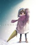  ahoge arm_up backpack bag black_legwear blue_hat blush boots brown_eyes brown_hair child clannad coat copyright_name fujishiro_touma hat okazaki_ushio pink_scarf scarf snow snowing solo umbrella wide-eyed winter_clothes winter_coat yellow_umbrella 