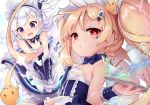  ahoge alternate_costume apron azur_lane bangs bare_shoulders belchan_(azur_lane) belfast_(azur_lane) bird blush bow bowtie breasts chick commentary_request cup dress dress_tug eldridge_(azur_lane) embarrassed enmaided eyebrows_visible_through_hair gloves hair_ornament hairclip holding huge_ahoge kedama_milk long_hair looking_at_viewer maid maid_apron maid_headdress multiple_girls one_side_up open_mouth parted_lips purple_dress purple_eyes purple_neckwear red_eyes silver_hair small_breasts sparks sweatdrop teacup teapot tray twintails very_long_hair white_apron white_gloves 