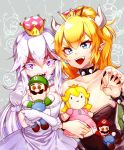  bangs bare_shoulders black_nails blonde_hair blue_earrings boo bowser_jr. bowsette bracelet breast_press breasts brooch cabbie_hat character_doll choker cleavage collar collarbone colored_eyelashes commentary_request crown doll doll_hug dress elbow_gloves eyebrows_visible_through_hair facial_hair fangs fingernails frilled_dress frilled_gloves frills gloves gradient_clothes gradient_gloves gradient_hair green_shirt grey_background hair_between_eyes hat highres holding holding_doll horns jewelry king_boo large_breasts lavender_dress lavender_gloves lavender_hair light_blue_eyes long_hair long_ponytail long_sleeves looking_at_viewer luigi luigi's_mansion mario mario_(series) maronie. multicolored_hair multiple_girls mustache nail_polish new_super_mario_bros._u_deluxe open_mouth overalls patterned_background pink_dress princess_king_boo princess_peach puffy_short_sleeves puffy_sleeves purple_eyes purple_pupils purple_tongue red_pupils red_shirt reflective_eyes shapes sharp_fingernails sharp_teeth shiny shiny_hair shiny_skin shirt short_eyebrows short_sleeves sidelocks spiked_bracelet spiked_collar spikes super_crown tareme teeth thick_eyebrows triangle tsurime very_long_hair white_choker white_dress white_gloves white_hair 