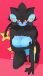  2018 anthro anthrofied big_breasts black_fur blue_fur blush breasts claws covering covering_breasts covering_self digital_media_(artwork) drakeraynier feline female fur hi_res holding_breast huge_breasts looking_at_viewer luxray mammal nintendo nude open_mouth pok&eacute;mon pok&eacute;mon_(species) pok&eacute;morph simple_background solo video_games yellow_eyes 