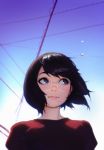  artist_name black_hair blurry blurry_background bob_cut closed_mouth commentary_request depth_of_field engrish_commentary floating_hair highres ilya_kuvshinov looking_away looking_up mole mole_under_eye mole_under_mouth original outdoors pink_lips portrait red_shirt shirt short_hair smile solo 