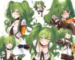  asymmetrical_gloves bangs black_gloves blush boots breasts bullet choker closed_mouth collarbone commander_(girls_frontline) commentary damaged elbow_gloves eyebrows_visible_through_hair flying_sweatdrops gift girls_frontline gloves green_hair hair_between_eyes hand_up highres leaning_forward leg_hug long_hair looking_at_viewer m950a_(girls_frontline) medium_breasts messy_hair multiple_views open_mouth parted_lips shirt sidelocks simple_background sitting skirt smile torn_clothes translated twintails two_side_up white_background yellow_eyes yomosaka 