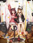  :d animal_ears animal_hat arm_up bangs baseball_cap black_footwear black_jacket black_legwear blurry blurry_foreground blush brown_hair brown_legwear cat_ear_headphones cat_ears cat_girl cat_tail character_name closed_mouth clothes_writing commentary copyright_name dated depth_of_field dog_ears dog_girl dog_hat dog_tail drawstring eyebrows_visible_through_hair fang fingernails hands_in_pockets hat head_tilt headphones hood hood_down hoodie jacket jakoujika kmnz light_brown_hair long_hair long_sleeves looking_at_another looking_at_viewer looking_to_the_side mc_lita mc_liz multiple_girls nail_polish open_clothes open_jacket open_mouth pleated_skirt puffy_long_sleeves puffy_sleeves purple_eyes red_eyes red_footwear red_hoodie red_nails shoes skirt sleeves_past_wrists smile socks speaker standing standing_on_one_leg stuffed_animal stuffed_toy tail teddy_bear thighhighs v virtual_youtuber white_hoodie white_skirt 
