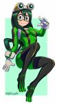  1girl asui_tsuyu bodysuit boku_no_hero_academia boots breasts full_body glitchynpc gloves green_eyes green_hair hair_between_eyes long_hair looking_at_viewer medium_breasts simple_background solo thigh_boots thighhighs tied_hair white_gloves 