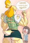  2018 animal_crossing anthro blonde_hair blush breasts butt canine clothed clothing dialogue digital_media_(artwork) dog duo english_text female hair human isabelle_(animal_crossing) lysergide mammal muscular muscular_female nintendo shih_tzu side_boob sweat text torn_clothing video_games 