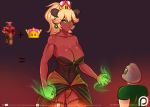  1girl ass_visible_through_thighs baron_of_hell blonde_hair breasts cleavage clenched_hand commentary crossover demon demon_girl doom_(game) doom_x_wolf doomguy dress earrings english_commentary garter_straps genderswap genderswap_(mtf) glowing glowing_eyes glowing_hands green_eyes green_sclera height_difference highres horns jewelry large_breasts mario_(series) meme new_super_mario_bros._u_deluxe panties pantyshot pantyshot_(standing) standing strapless strapless_dress stud_earrings super_crown sweatdrop thighhighs tusks underwear 