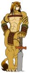  abs armor biceps clothing eye_patch eyewear feline fingerless_gloves gideon gloves hair hand_on_hip leaning lion loincloth long_hair male mammal melee_weapon muscular muscular_male pecs pretty_face strap_across_chest sword thick_thighs unconvincing_armor weapon wide_hips 