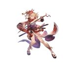  black_skirt djeeta_(granblue_fantasy) flower full_body granblue_fantasy grin hadanugi_dousa hair_flower hair_ornament hair_stick japanese_clothes katana kengou_(granblue_fantasy) kimono knights_of_glory minaba_hideo miniskirt multiple_swords obi official_art pink_kimono red_neckwear red_scarf rope sash scarf shimenawa short_hair skirt smile sword transparent_background weapon wide_sleeves 