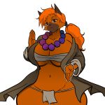  2018 5_fingers anthro bead_necklace big_breasts breasts brown_eyes canine cleavage clothed clothing dog female fur german_shepherd hair hayakain loincloth looking_at_viewer mammal monk multicolored_fur orange_hair ponytail simple_background thick_thighs tracy_mcallister_(lildredre) two_tone_fur voluptuous white_background wide_hips 