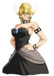  abs arikawa bangs bare_shoulders black_dress blonde_hair blue_eyes blue_pupils bowsette bracelet breasts cleavage collar covered_navel covered_nipples cowboy_shot dress eyebrows_visible_through_hair grin hair_between_eyes hands_on_hips horns impossible_clothes impossible_dress jewelry large_breasts long_ponytail looking_at_viewer mario_(series) new_super_mario_bros._u_deluxe pointy_ears puffy_nipples shiny shiny_hair shiny_skin short_hair sidelocks smile solo spiked_bracelet spiked_collar spikes strapless strapless_dress teeth toned waist_cape 