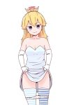  ass_visible_through_thighs bare_shoulders batta_(ijigen_debris) blonde_hair blue_eyes blue_legwear blush breasts cleavage closed_mouth commentary crown dress dress_lift earrings elbow_gloves eyebrows_visible_through_hair gloves goal_bar_(mario) highres imp jewelry looking_at_viewer mario_(series) medium_breasts mismatched_legwear new_super_mario_bros._u_deluxe panties panty_pull personification smile solo standing strapless strapless_dress striped striped_legwear super_crown super_mario_world thighhighs underwear white_background white_dress white_gloves 
