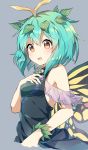  :d antennae aqua_hair bangs bare_arms bare_shoulders black_dress blush breasts butterfly_wings caramell0501 commentary_request cropped_torso dress eternity_larva eyebrows_visible_through_hair grey_background hair_between_eyes hand_on_own_chest hand_up highres leaf leaf_on_head looking_at_viewer open_mouth short_hair sideboob simple_background sleeveless sleeveless_dress small_breasts smile touhou upper_body wings yellow_eyes 