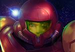  absurdres akainoda blonde_hair blue_eyes helmet highres lens_flare looking_at_viewer metroid portrait power_suit samus_aran solo space 