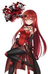  alice360 blood blood_stain blush breasts cleavage crimson_avenger_(elsword) elesis_(elsword) elsword eyebrows_visible_through_hair frown hand_on_own_stomach heart heart-shaped_pupils highres long_hair pantyhose red_hair symbol-shaped_pupils white_background 