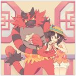  baozi braid brown_eyes brown_hair catching claws commentary crumbs eating food halterneck hat incineroar komasawa_(fmn-ppp) mizuki_(pokemon) pokemon pokemon_(game) pokemon_usum shirt shorts sleeveless sleeveless_shirt straw_hat sun_hat sweatdrop twin_braids 