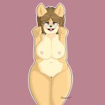  2018 anthro big_breasts blue_eyes blush breasts brown_hair canine digital_media_(artwork) dog female frankuwu hair huge_breasts june_(jinu) looking_at_viewer mammal mature_female nipples nude open_mouth pussy shiba_inu short_hair simple_background smile solo teeth thick_thighs tooth_gap 