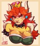  anthro artist_name bare_shoulders big_breasts blush bowser breasts bust_(disambiguation) cleavage clothed clothing collar crossgender crown female hair horn huge_breasts koopa long_hair looking_at_viewer mario_bros nintendo picture_frame portrait red_eyes red_hair red_outline scalie solo spiked_armband spiked_collar spikes super_crown video_games xnirox 