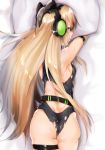  absurdres animal_ears arm_strap armpits ass back backboob bangs bed_sheet belt black_leotard blonde_hair blush bow breasts cat_ear_headphones cat_ears commentary_request damaged dimples_of_venus eyebrows_visible_through_hair from_behind girls_frontline gloves green_eyes hair_between_eyes headphones highres leotard long_hair looking_at_viewer looking_back on_bed open_mouth pillow pillow_hug sidelocks skindentation solo thigh_strap thighs tmp_(girls_frontline) torn_clothes torn_leotard uno_ryoku very_long_hair 