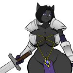  2018 5_fingers anthro armor armwear big_breasts black_fur black_hair blue_eyes breasts cat cleavage clothed clothing feline female fur hair hayakain mammal melee_weapon monique_bellemare_(lildredre) simple_background skimpy smile solo sword thick_thighs unconvincing_armor voluptuous weapon white_background wide_hips 