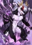  abs anthro biceps black_scales claws cloud dragon featureless_crotch flying hair high-angle_view horn long_tail magic male muscular muscular_male nude open_mouth orb pecs pose red_eyes red_hair scales simple_background smile solo t.y.stars white_hair white_scales wings 