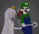  1boy 1girl bangs blue_eyes blue_overalls boo brown_hair closed_mouth collar crown dress eyes_closed facial_hair feet_out_of_frame frilled_collar frilled_dress frilled_sleeves frills gloves green_hat green_shirt hat jewelry long_hair luigi luigi&#039;s_mansion mario_(series) mustache new_super_mario_bros._u_deluxe nintendo pale_skin pointy_ears princess_king_boo sharp_teeth shirt short_sleeves super_crown super_mario_bros teeth vacuum_cleaner very_long_hair white_dress white_gloves white_hair 