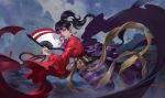  beads black_hair castle demon earrings fan feathers highres inuyasha japanese_clothes jewelry junqi_mu kagura_(inuyasha) kimono long_hair mountain overcast pointy_ears ponytail red_eyes 