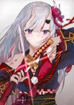  absurdres bangs blood bloody_weapon glowing grey_background highres holding holding_sword holding_weapon hololive katana long_hair looking_at_viewer multicolored_hair nakiri_ayame nanakagura oni_horns red_eyes silver_hair simple_background solo sword two-tone_hair upper_body virtual_youtuber weapon 