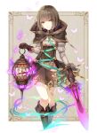  boots brown_hair brown_skirt bug butterfly capelet cropped_legs eyebrows_visible_through_hair green_eyes gretel_(sinoalice) grey_leotard grey_shirt hansel_(sinoalice) highres holding holding_sword holding_weapon insect kina_(446964) knee_boots leotard looking_at_viewer shiny shiny_hair shirt short_hair sinoalice skirt smile solo standing suspender_skirt suspenders sword weapon white_background 