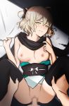  1girl ahoge black_legwear breasts censored fate/grand_order fate_(series) from_above furrowed_eyebrows grip hair_ribbon hand_on_own_chest hands_on_another's_leg hetero looking_away mosaic_censoring nipples okita_souji_(fate) okita_souji_(fate)_(all) on_bed penis pk_trap pov pov_crotch pov_hands ribbon scarf sex shadow short_hair solo_focus spread_legs thighhighs type-moon vaginal wavy_hair worried yellow_eyes 
