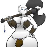  2018 5_fingers alexis_bishop_(lildredre) anthro armor armwear axe barbarian bear big_breasts blue_eyes bracers breasts cleavage clothed clothing female hand_on_hip hayakain holding_object holding_weapon loincloth mammal melee_weapon polar_bear simple_background skimpy solo thick_thighs unconvincing_armor voluptuous weapon white_background wide_hips 